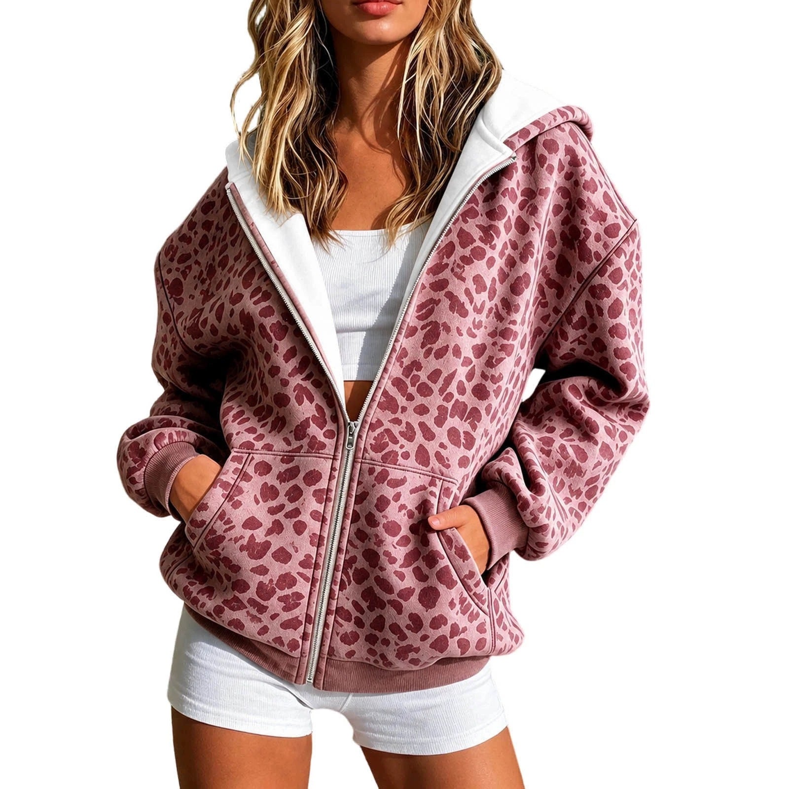 Women's Lightweight Padded Hooded Zip Jacket in Animal Print with Kangaroo Pockets Chichicherry