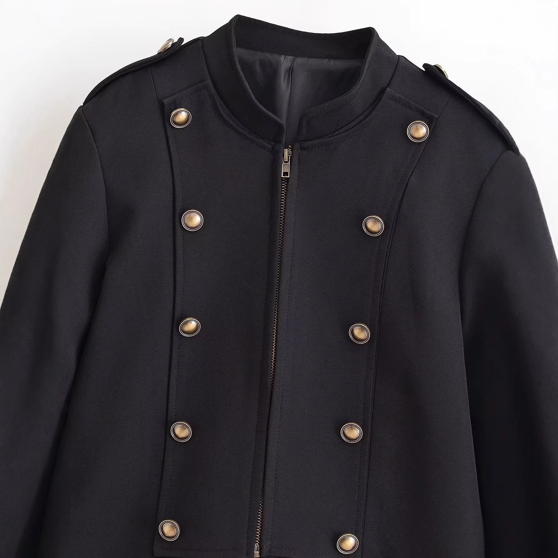 Ladies fitted short jacket in military style with decorative double-button placket, zipper, and shoulder epaulettes Chichicherry