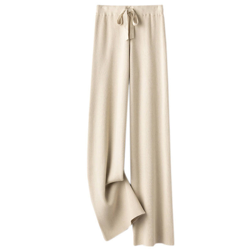 Women’s Wide Ribbed Knit Pants with Drawstring and Flowing Palazzo Silhouette Chichicherry