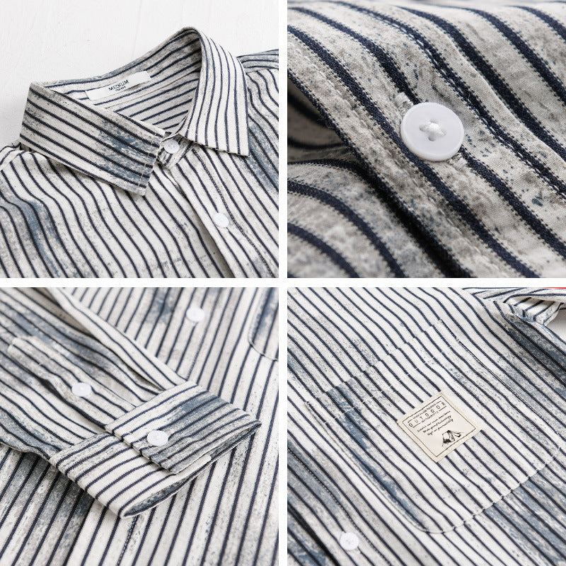 Men's Long Sleeve Shirt in Stripe Relief with Chest Pocket and Light Wash Effect Chichicherry