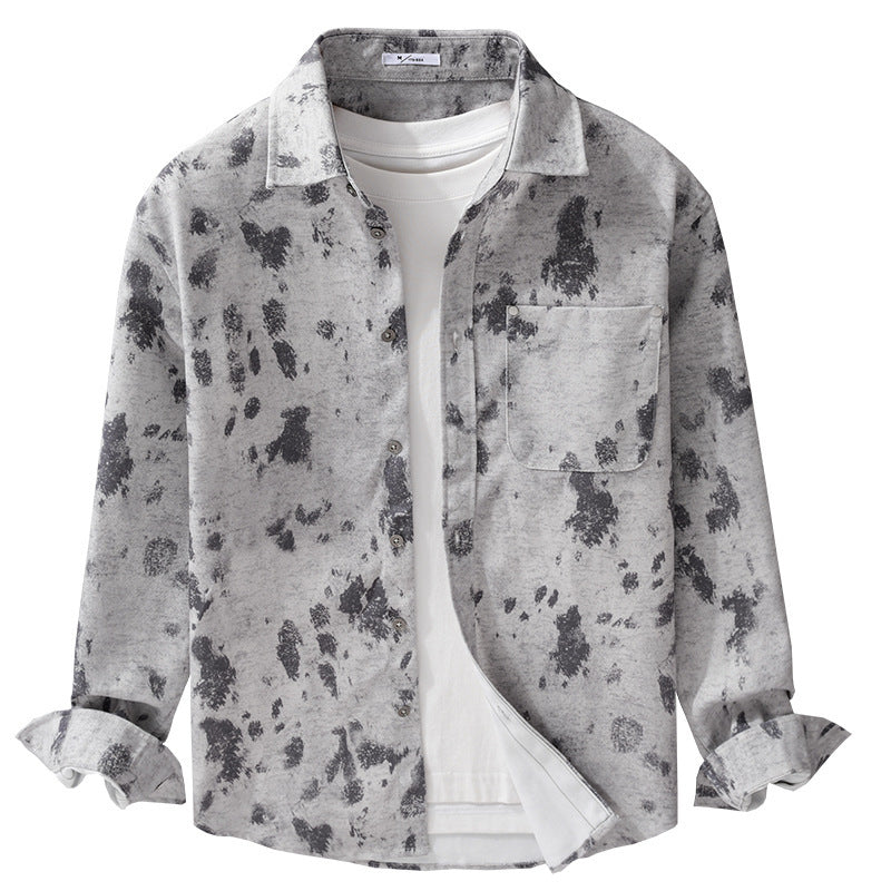 Men's Long-Sleeved Cotton Overshirt with Abstract Spray Pattern and Patch Chest Pocket Chichicherry