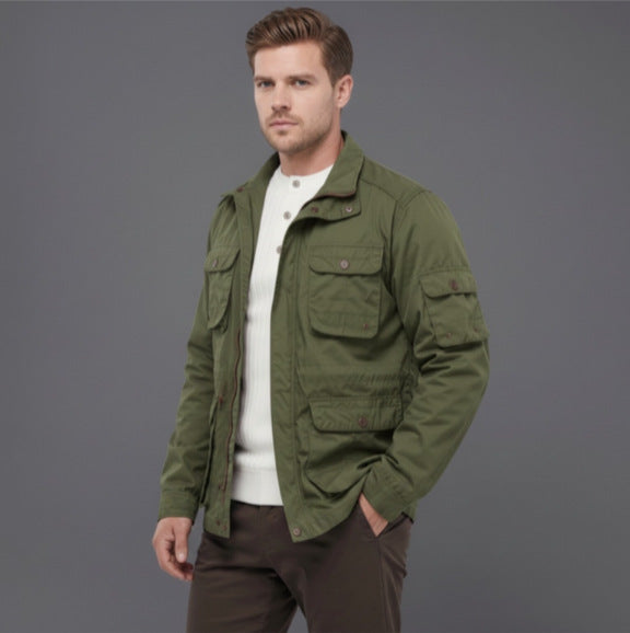 Men's Utility Field Jacket with Multiple Flap Pockets and Adjustable Waist Chichicherry