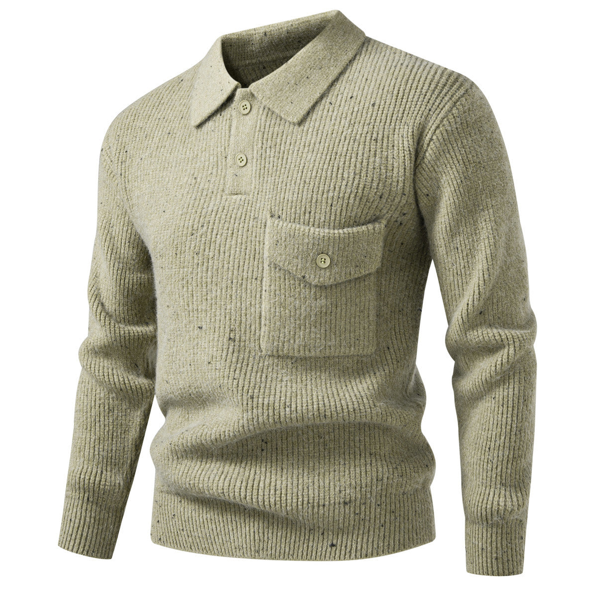 Men's ribbed knit polo collar sweater with patch chest pocket Chichicherry