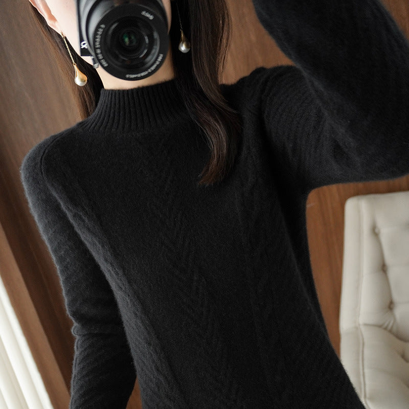 Women's Light Mohair-Look Stand Collar Sweater with Cable Lace and Tailored Silhouette Chichicherry
