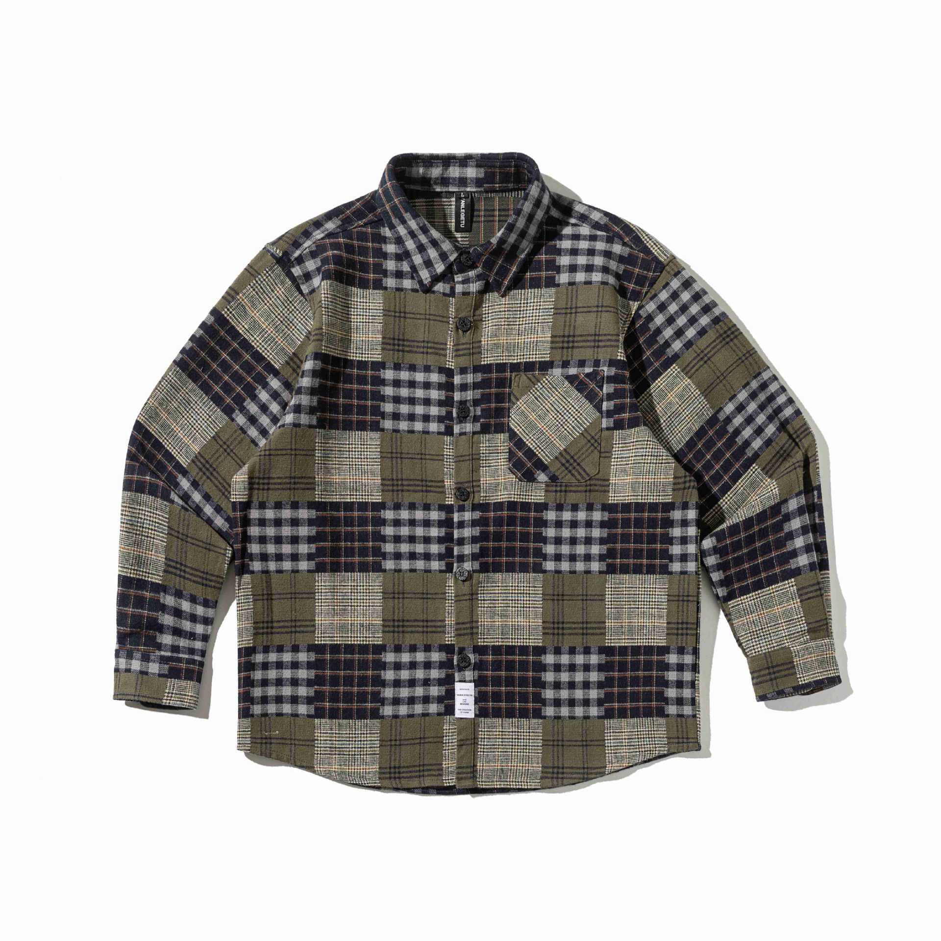 Men's Checked Patchwork Flannel Overshirt with Chest Pocket Chichicherry