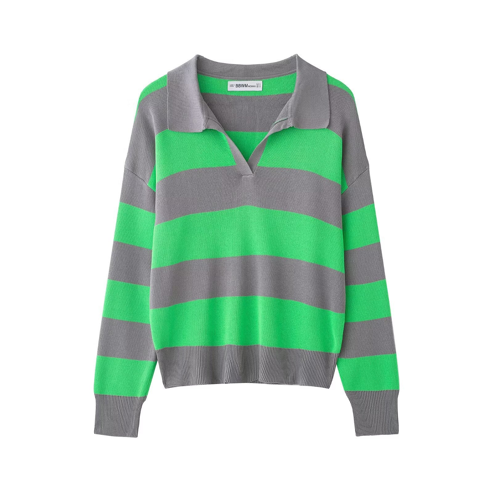 Women Striped Oversize Rugby Sweater with Polo Collar and V-Neck Chichicherry