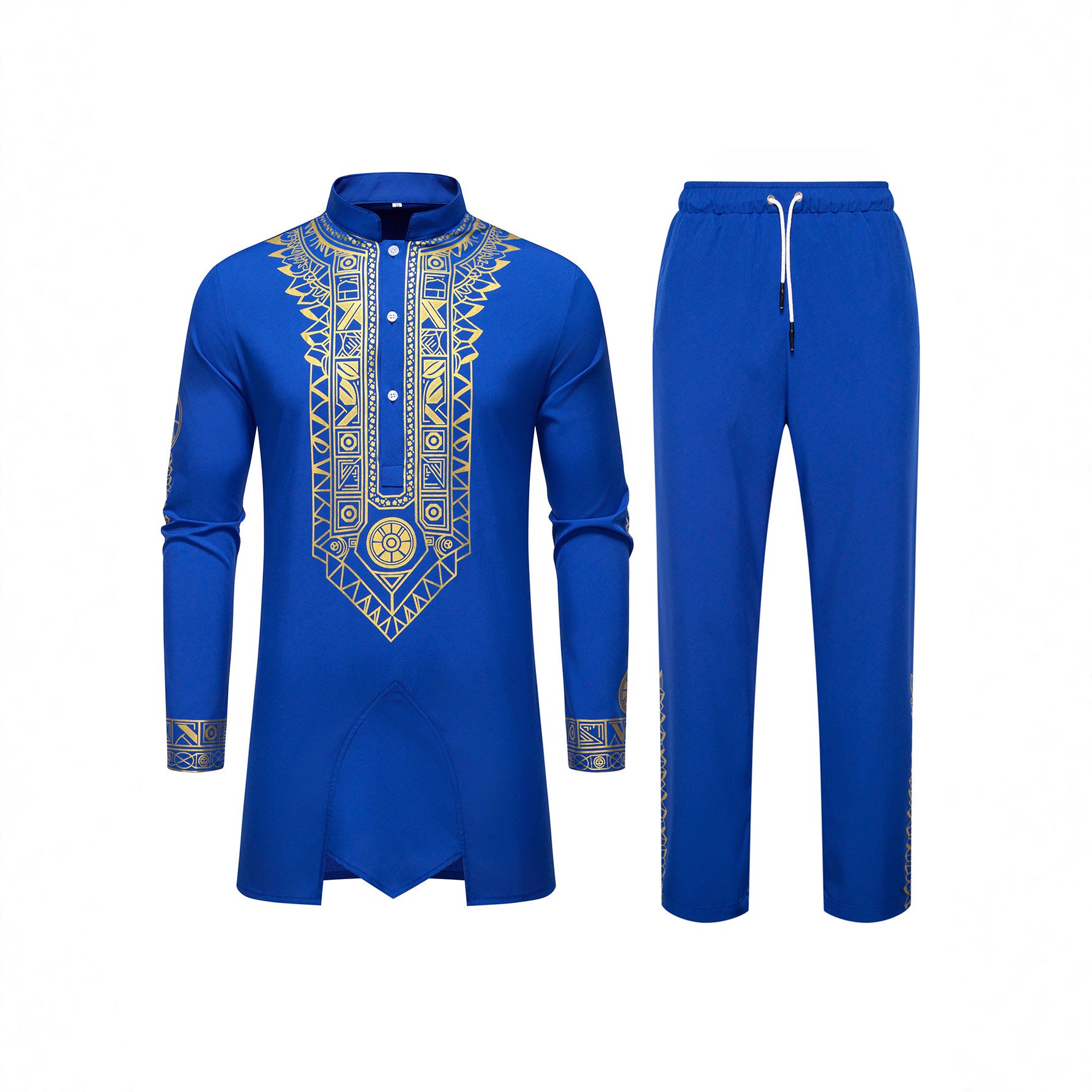 Men's Traditional Long Sleeve Kurta Set with Stand Collar, Gold Ornament Print and Drawstring Pants Chichicherry