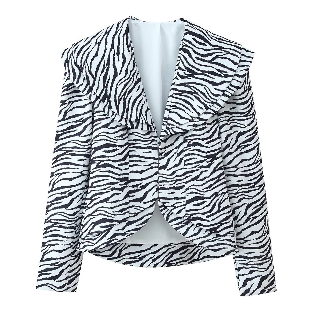 Women's Short Blazer with Oversized Shawl Collar and Zebra Print Chichicherry
