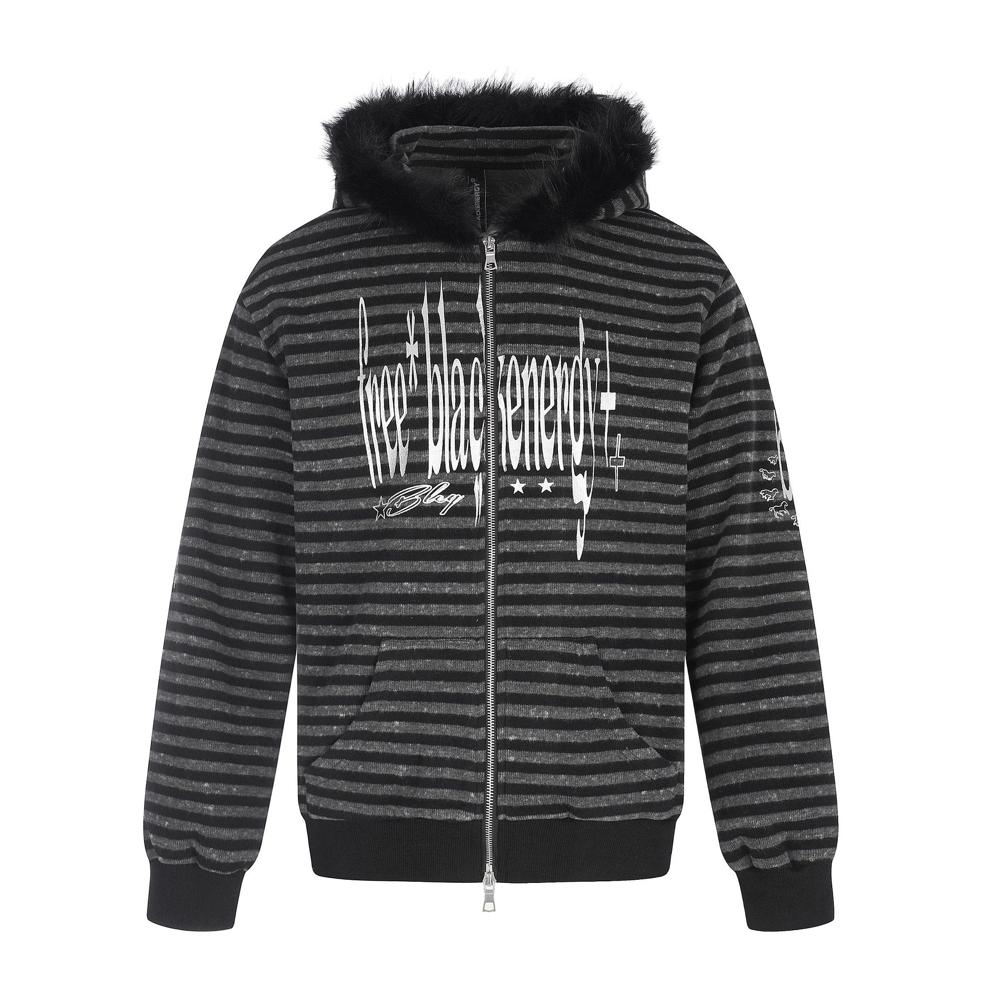 Unisex hoodie zip jacket with faux fur trim, striped pattern and front print Chichicherry
