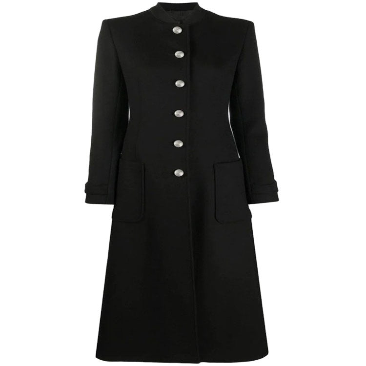 Women's Ankle-Length Tailored Wool Blend Coat with Stand-Up Collar and Decorative Button Placket Chichicherry