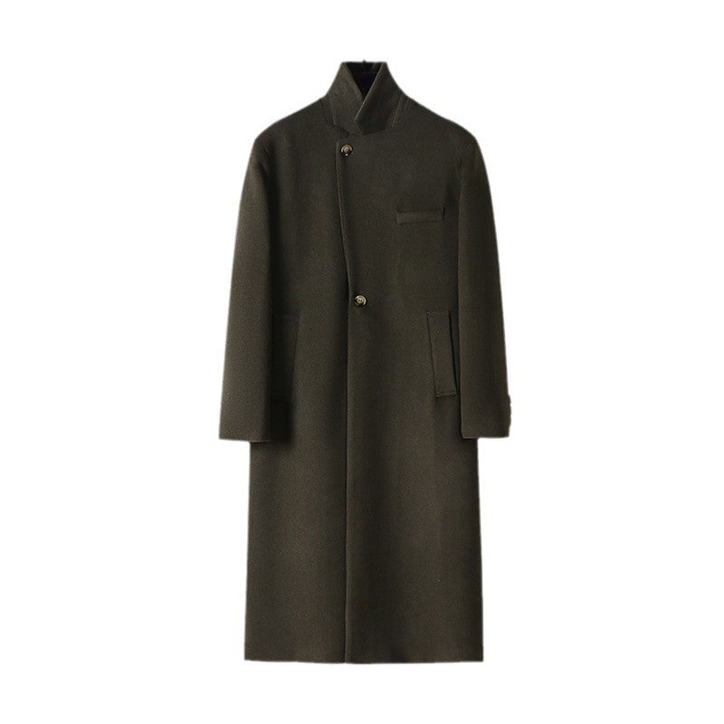 Men's Elegant Long Single-Breasted Wool Coat with Narrow Lapels and Tailored Silhouette Chichicherry