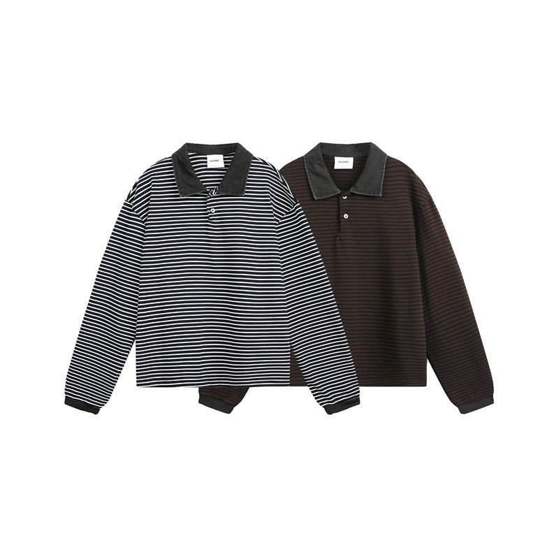 Unisex Relaxed Rugby Polo Shirt with Cord Collar and Fine Striped Knitting Chichicherry