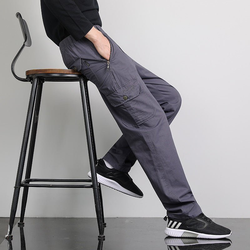 Men's Loose Cargo Pants with Elastic Waistband, Multi-Pockets & Straight Leg Chichicherry
