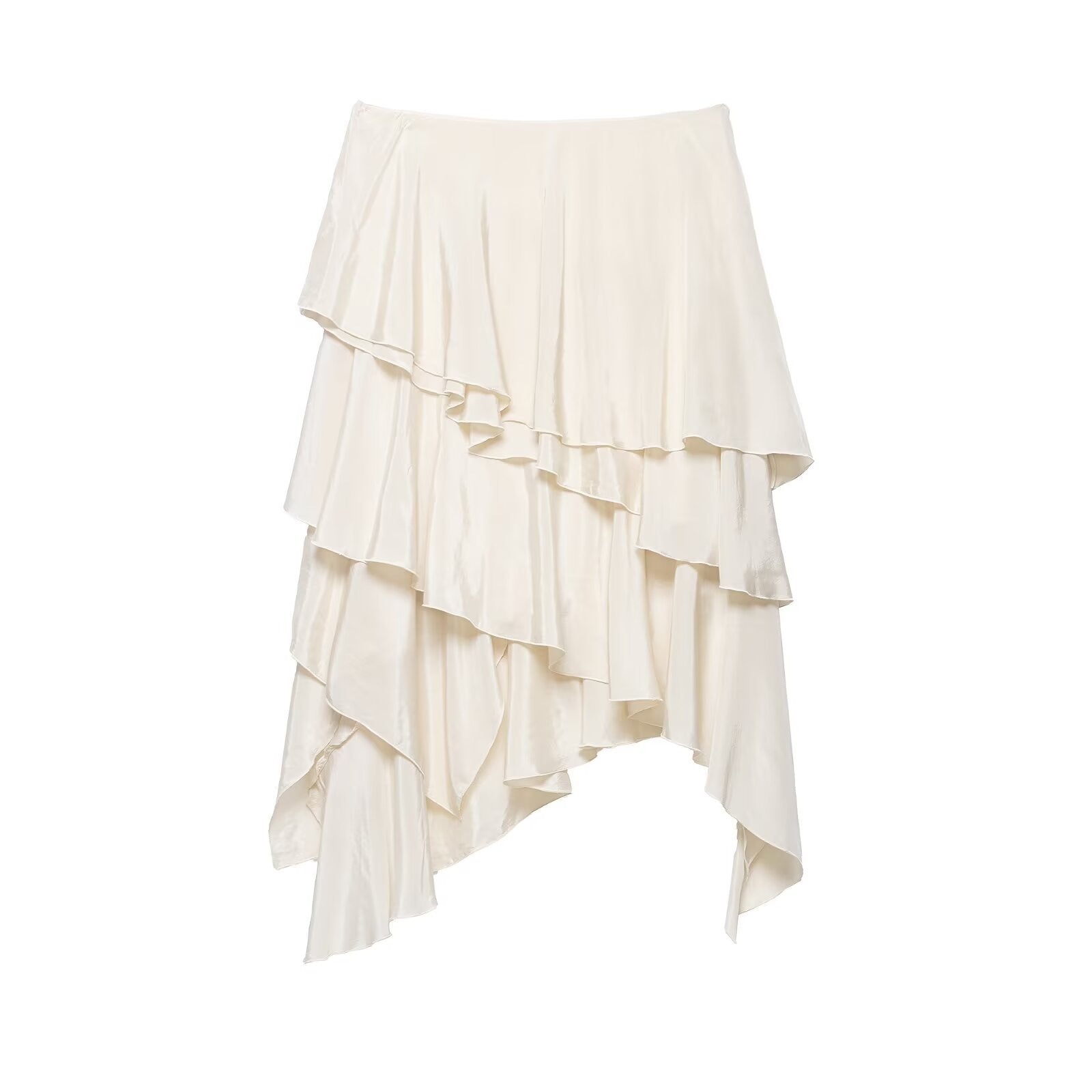 Women's Asymmetrical Tiered Skirt with Ruffles and Flowing Satin Fall Chichicherry