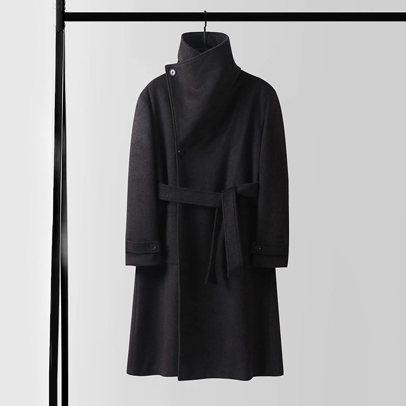 Men's Maxilength Wool Coat with High Stand-up Collar, Asymmetric Button Placket and Tied Belt Chichicherry