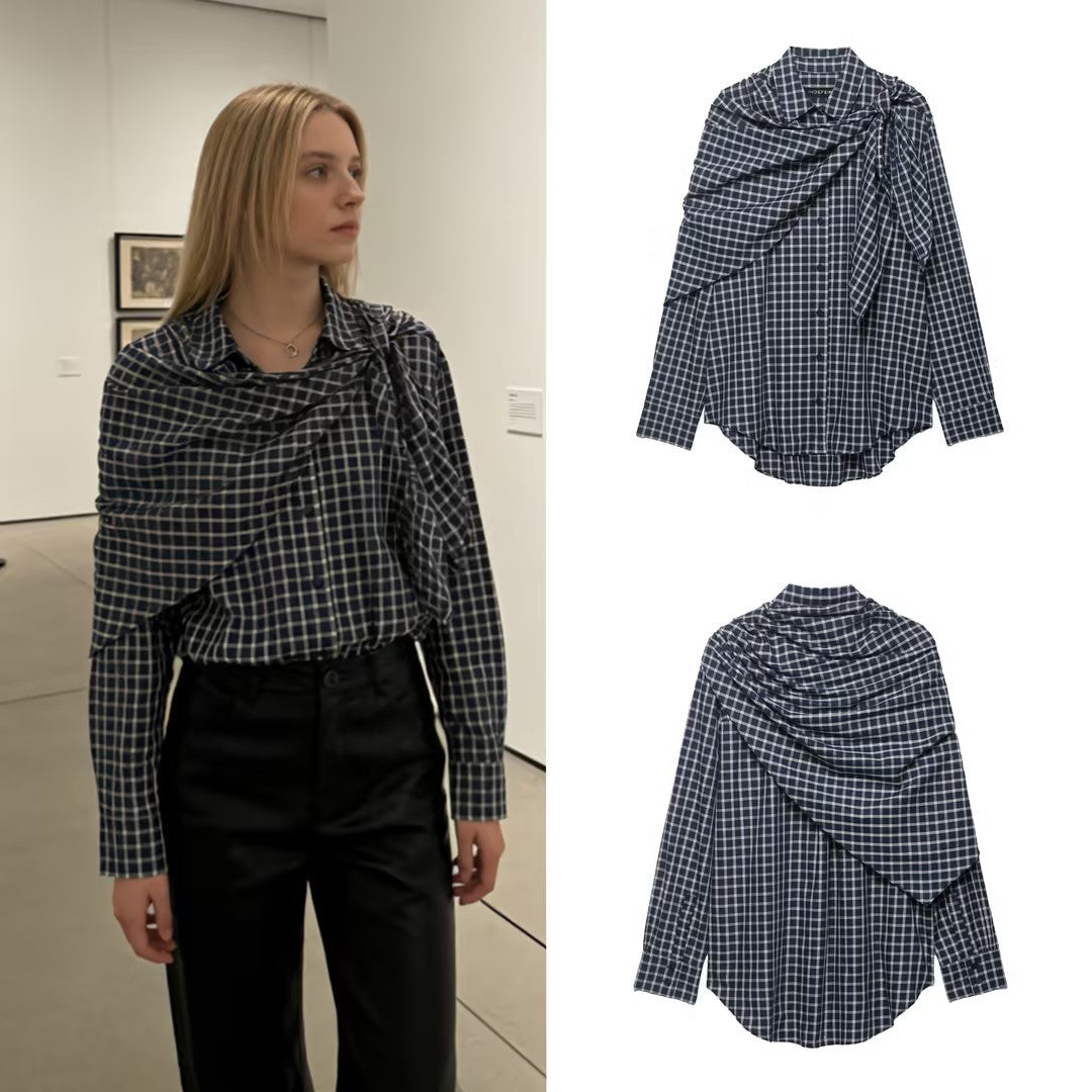 Women Oversize Shirt Blouse with Integrated Shoulder Scarf and Vichy Check Chichicherry