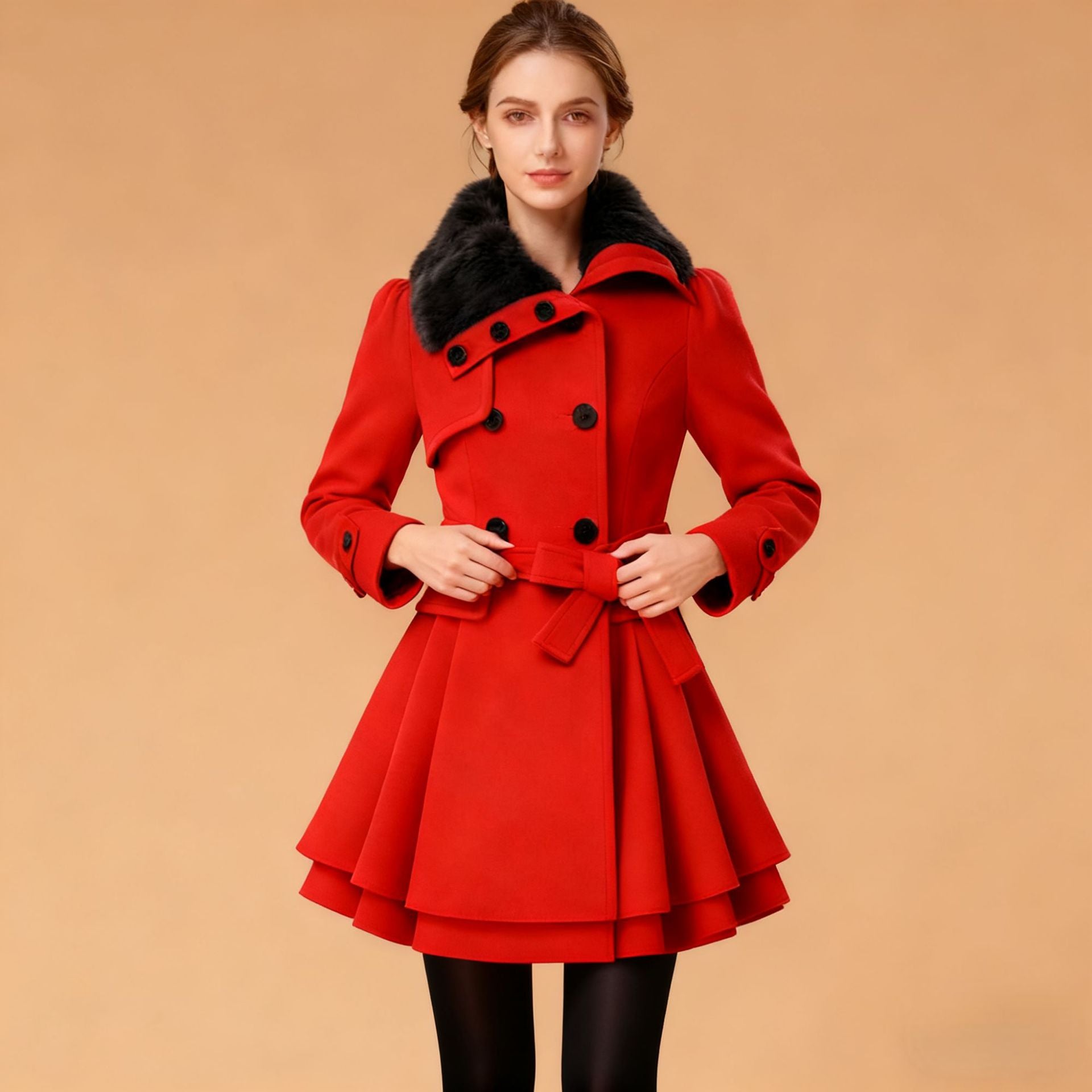 Women's Tailored Wool Mix Coat with Flared Skirt and Faux Fur Collar Chichicherry