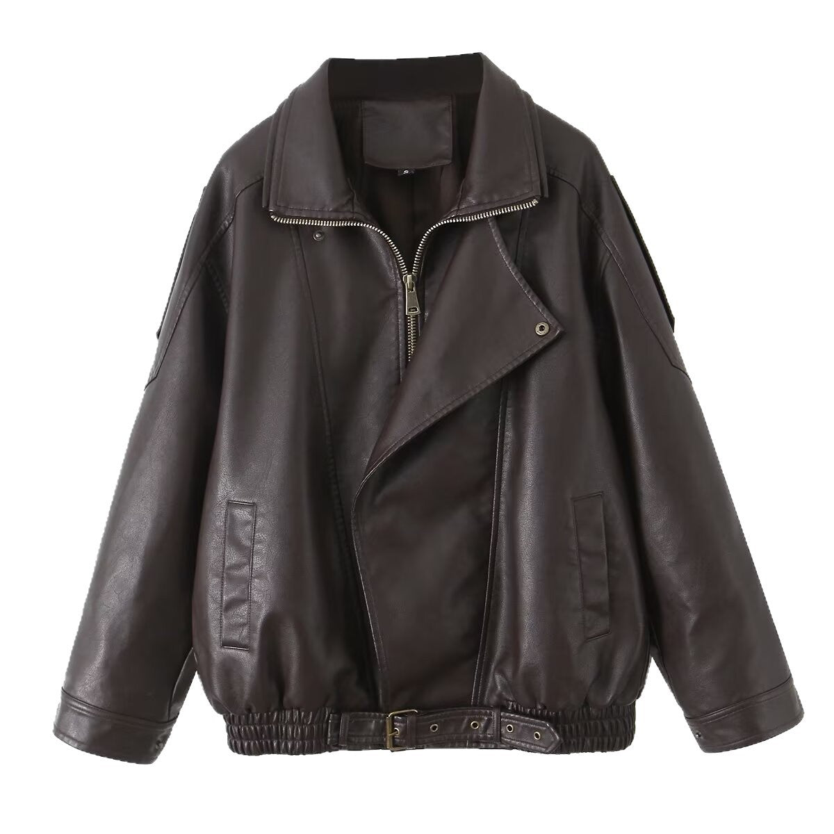 Women's Oversized Faux Leather Bomber Jacket with Asymmetrical Zipper and Waistband Chichicherry