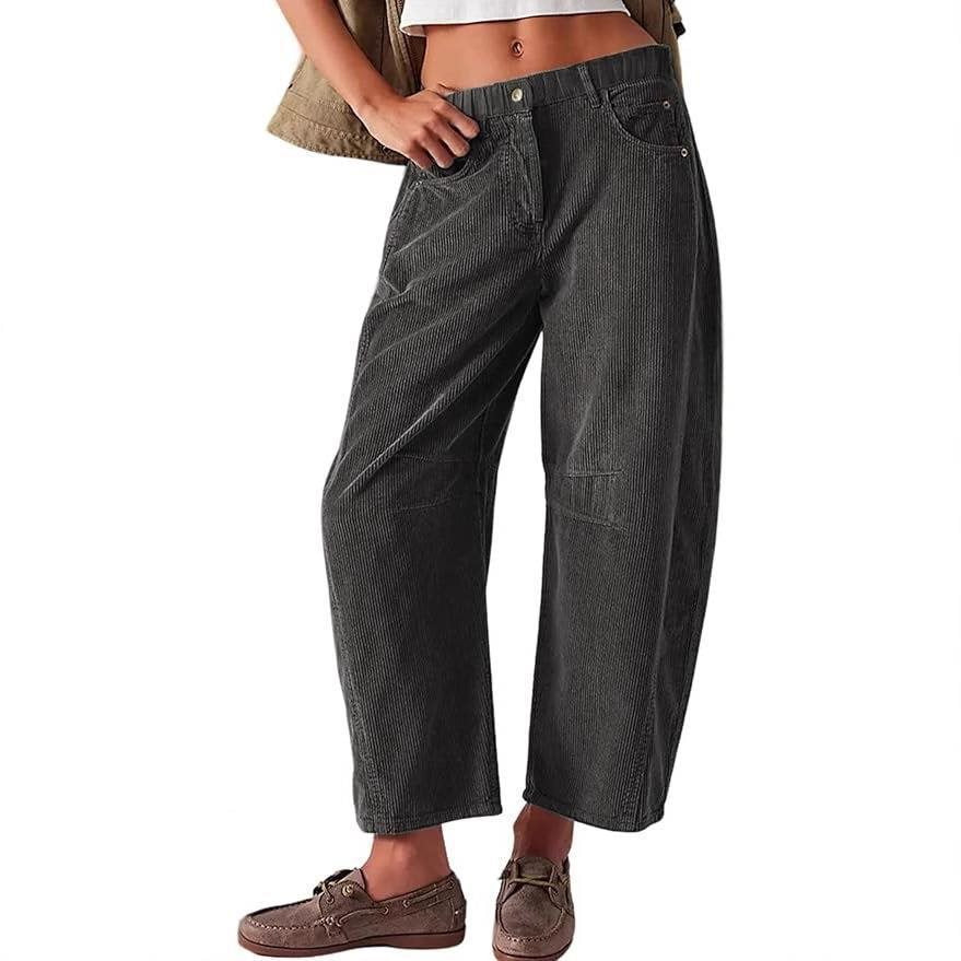 Women Wide Cord Pants with High Waist, Cropped Leg and Side Pockets Chichicherry