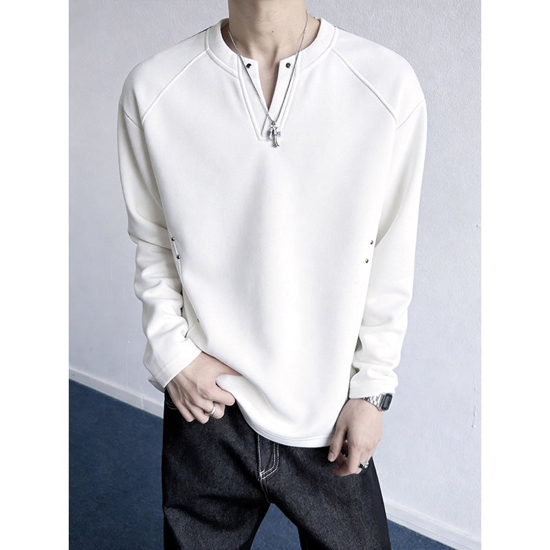 Men's Oversized Sweatshirt with V-Slit, Raglan Sleeves and Stud Details Chichicherry