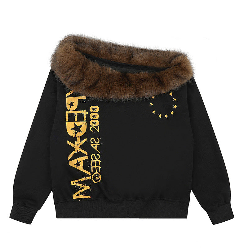 Women's oversized sweatshirt with faux fur collar, ribbed cuffs and statement print Chichicherry