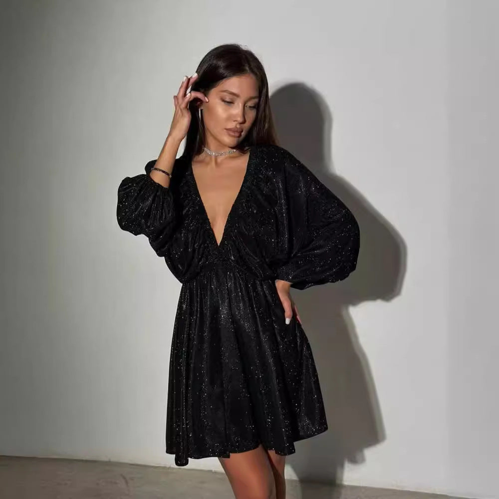 Damen Glitzerndes Abendkleid mit tiefem V Ausschnitt, Ballonärmeln und taillenbetonter Glockenrock Chichicherry