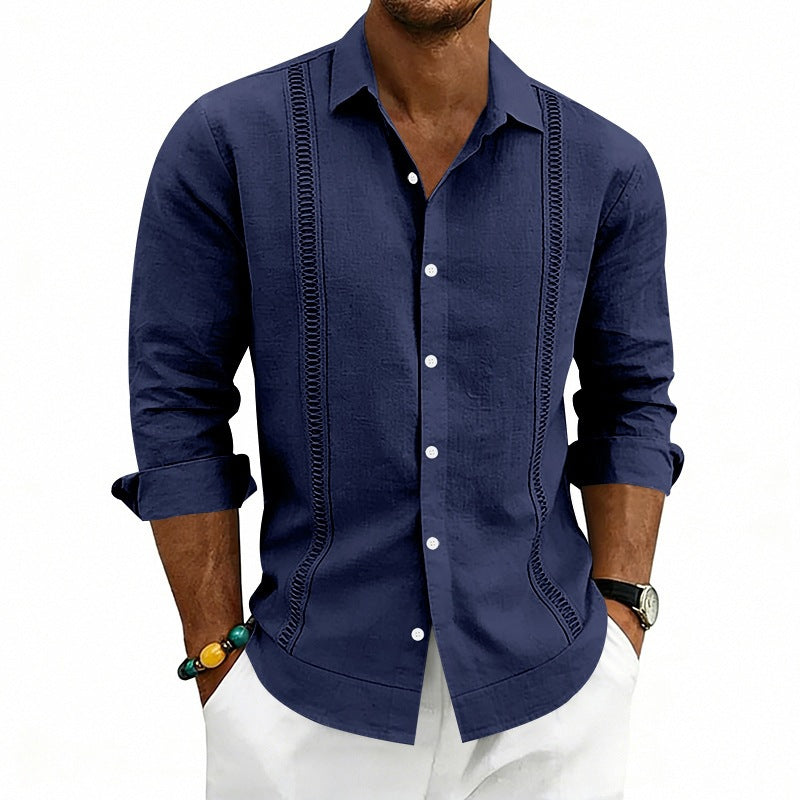 Men's Lightweight Cotton Long Sleeve Shirt with Decorative Stitches and Kent Collar Chichicherry