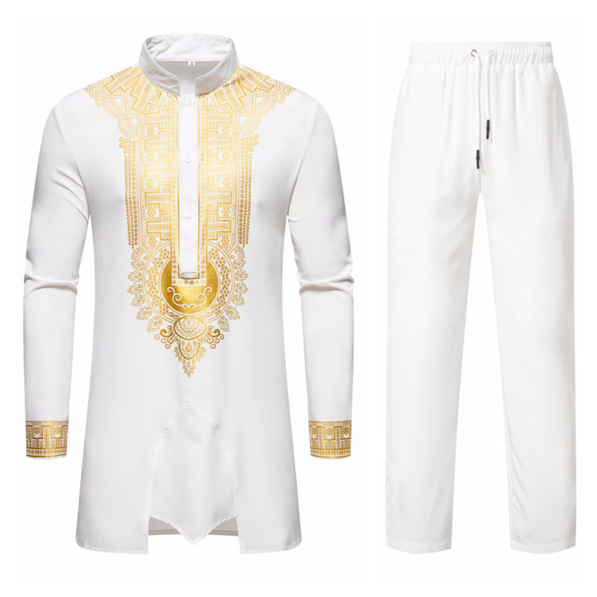 Men's Traditional Tunic Set with Stand-Up Collar and Gold Ornament Print, Long Shirt & Drawstring Pants Chichicherry