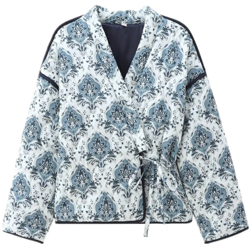 Women padded kimono jacket with waist belt and ornamental print Chichicherry