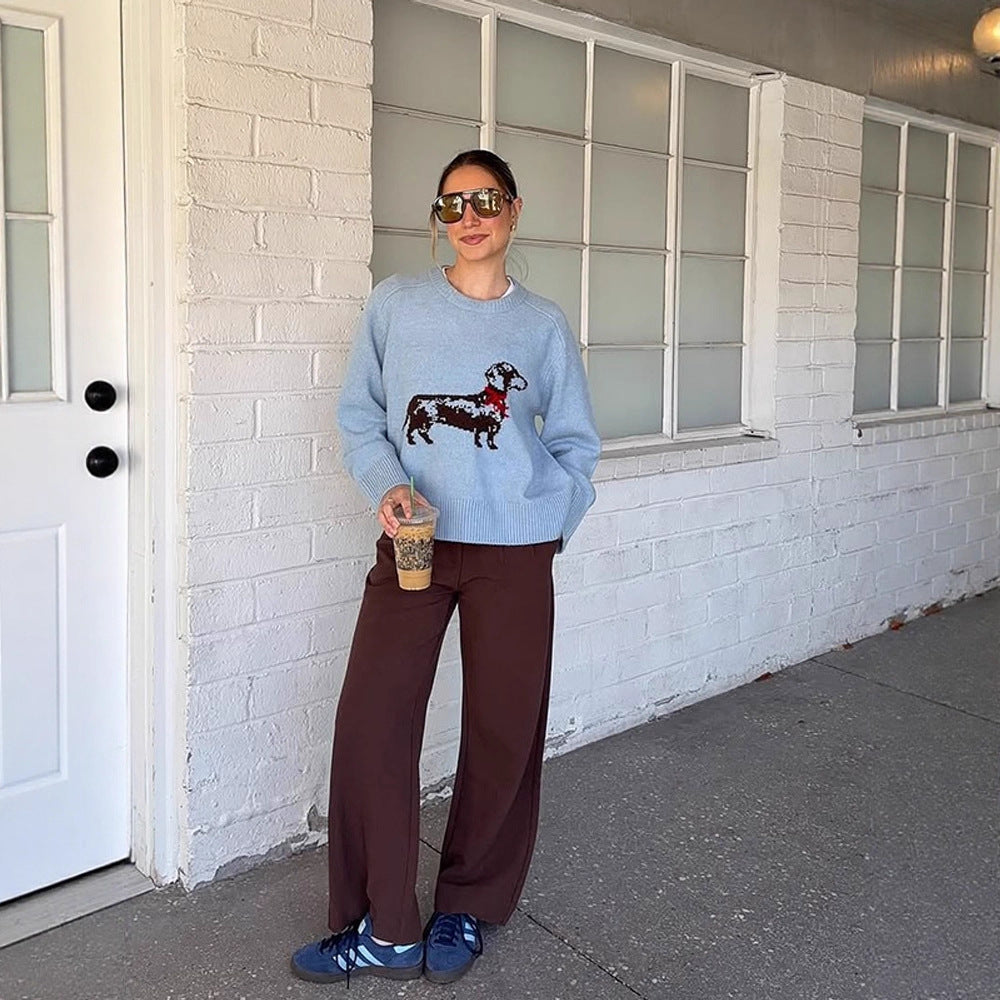 Women's knit sweater with dachshund intarsia and relaxed oversized fit Chichicherry