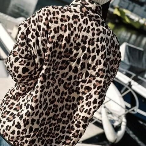 Women's Lined Short Jacket in Leopard Print with Shawl Collar and Piping Chichicherry