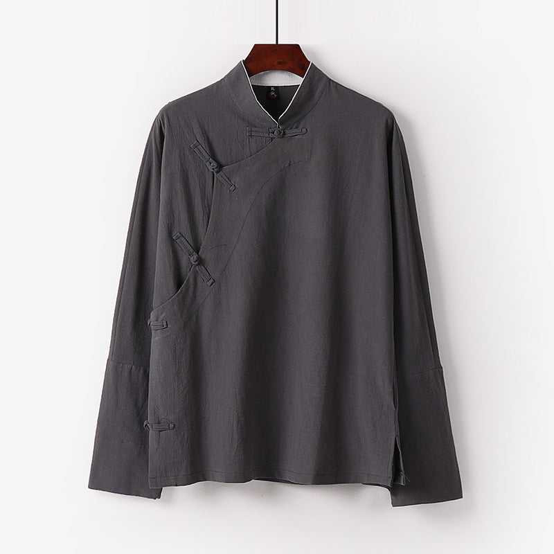 Men's Loose Stand Collar Top with Toggle Buttons and Side Button Placket Chichicherry