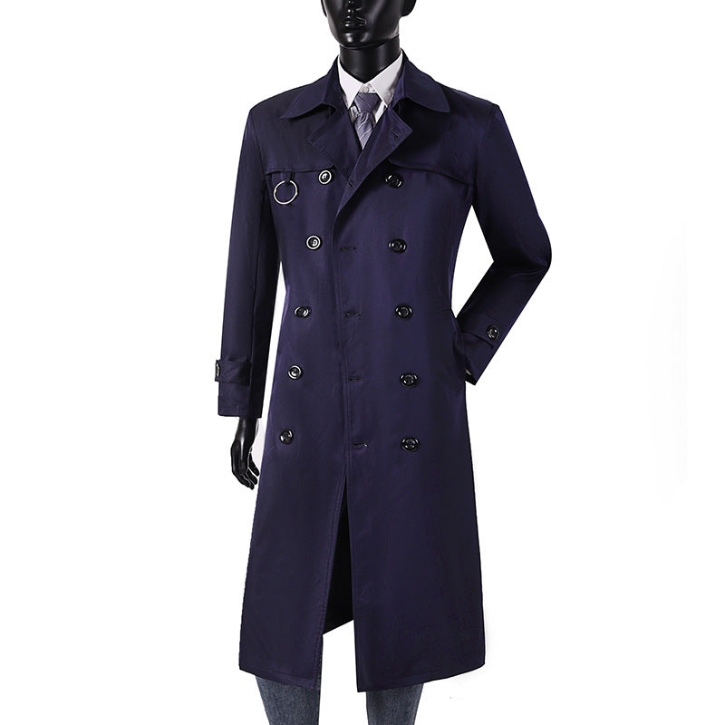 Men's double-breasted trench coat with waist tailoring, lapel collar, and decorative metal ring Chichicherry