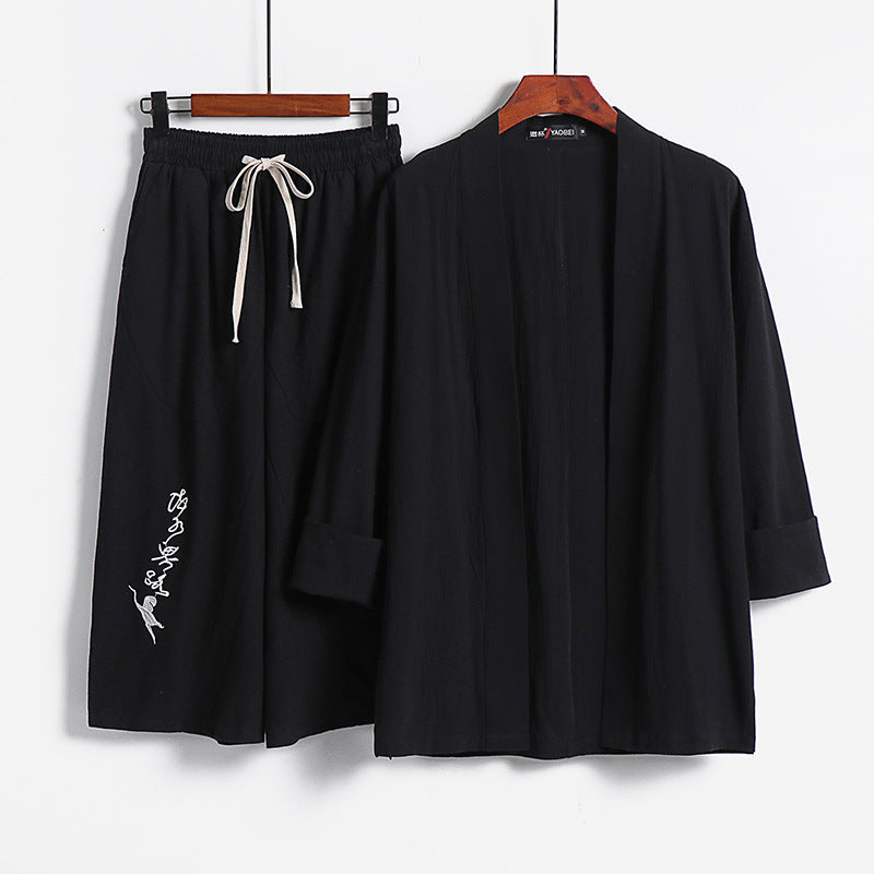 Women Kimono Set made of lightweight cotton blend open jacket with casually rolled sleeves and wide harem pants with drawstring Chichicherry