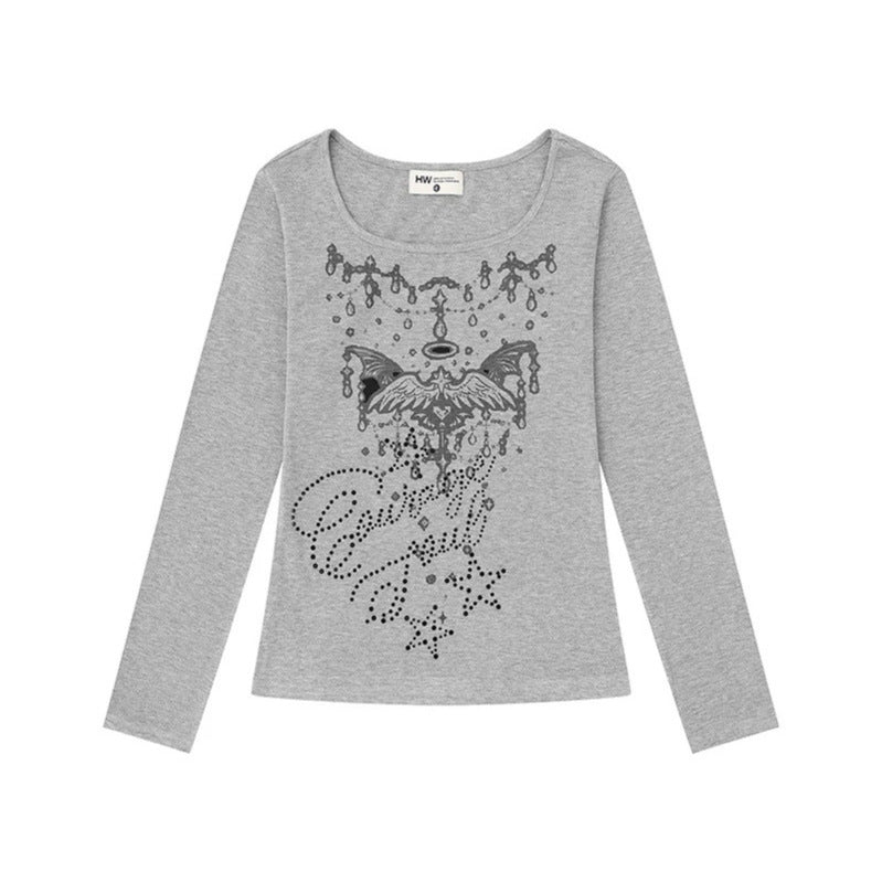 Women's long-sleeve shirt with round neckline, rhinestone print and angel motif Chichicherry