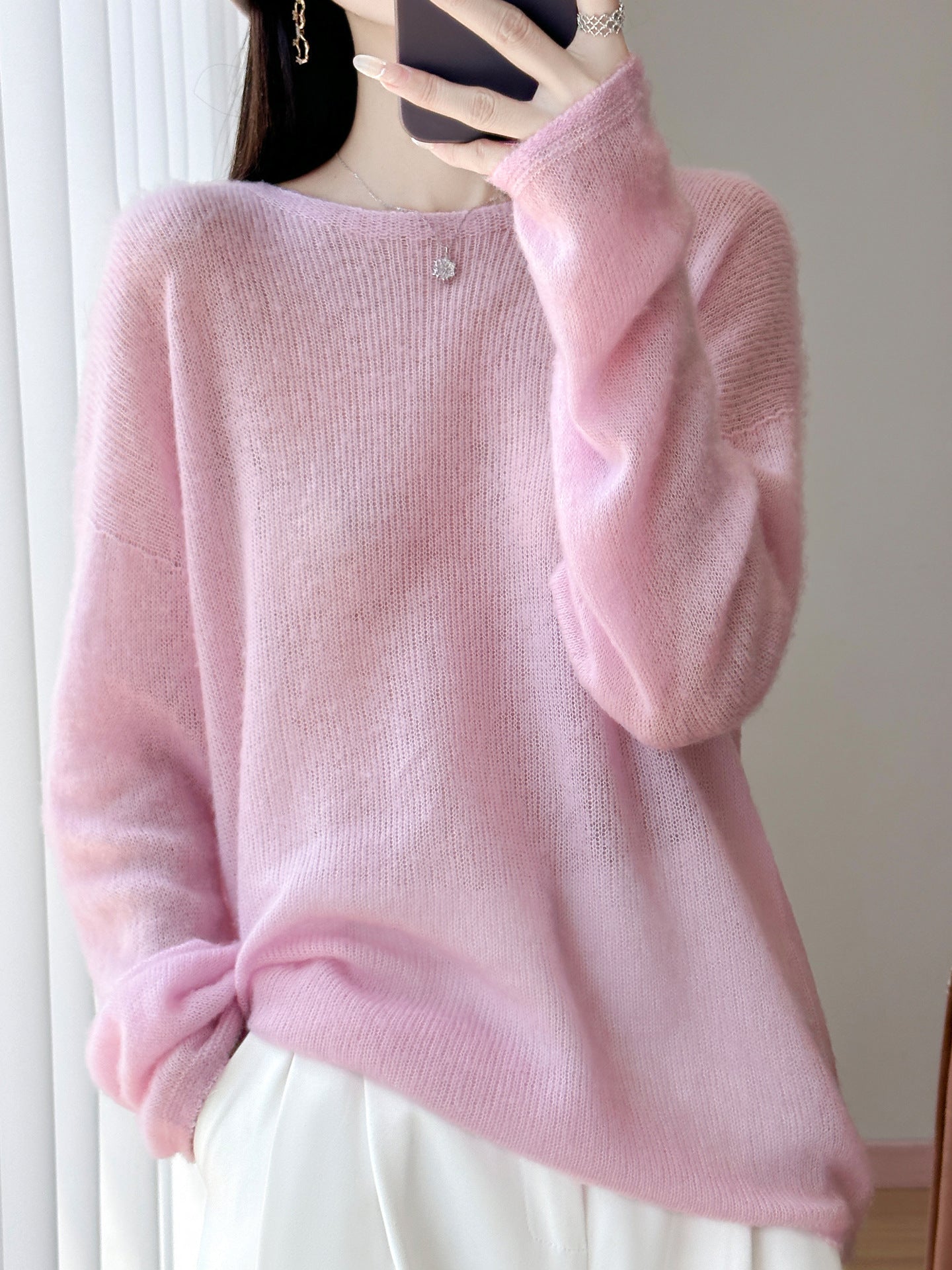 Women's Ultralight Mohair-Look Oversized Sweater with Boat Neck and Drop Shoulder Chichicherry