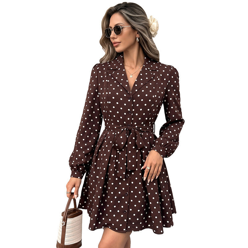 Women's Polka Dot Shirt Dress with Waist Belt and Swinging A-Line Chichicherry