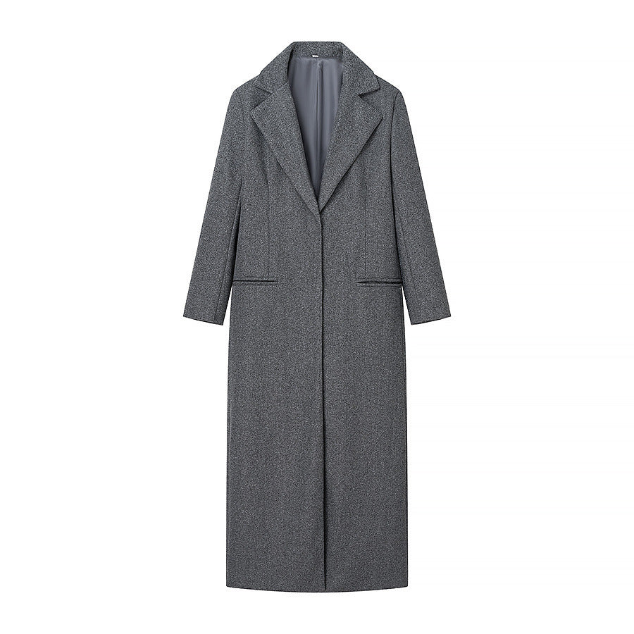 Women’s Maxi Length Wool Mix Coat with Integrated Loop Scarf and Clean Lapel Chichicherry