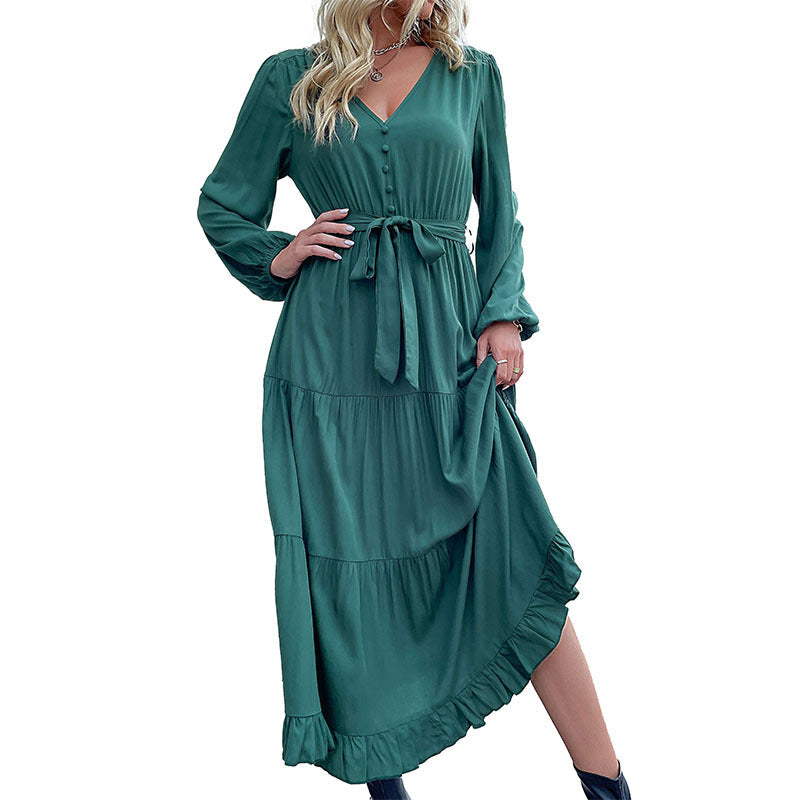 Women's Long Satin Look Tiered Dress with V-Neck, Tied Belt and Ruffle Hem