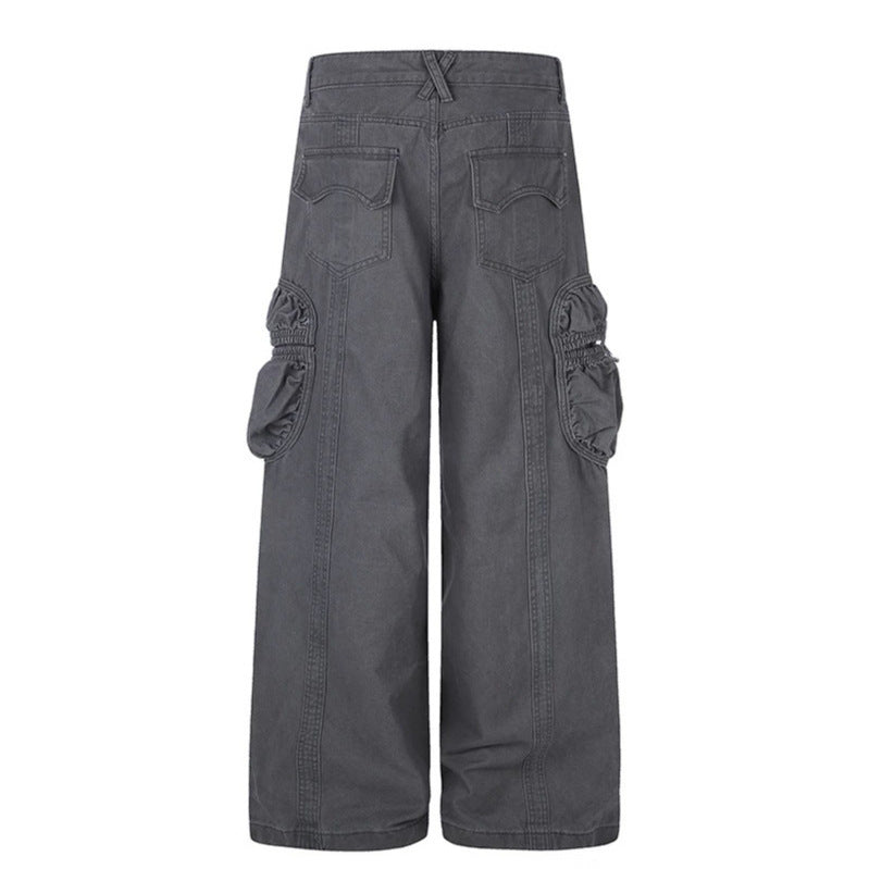 Women's wide utility cargo pants with gathered side pockets and decorative seams Chichicherry