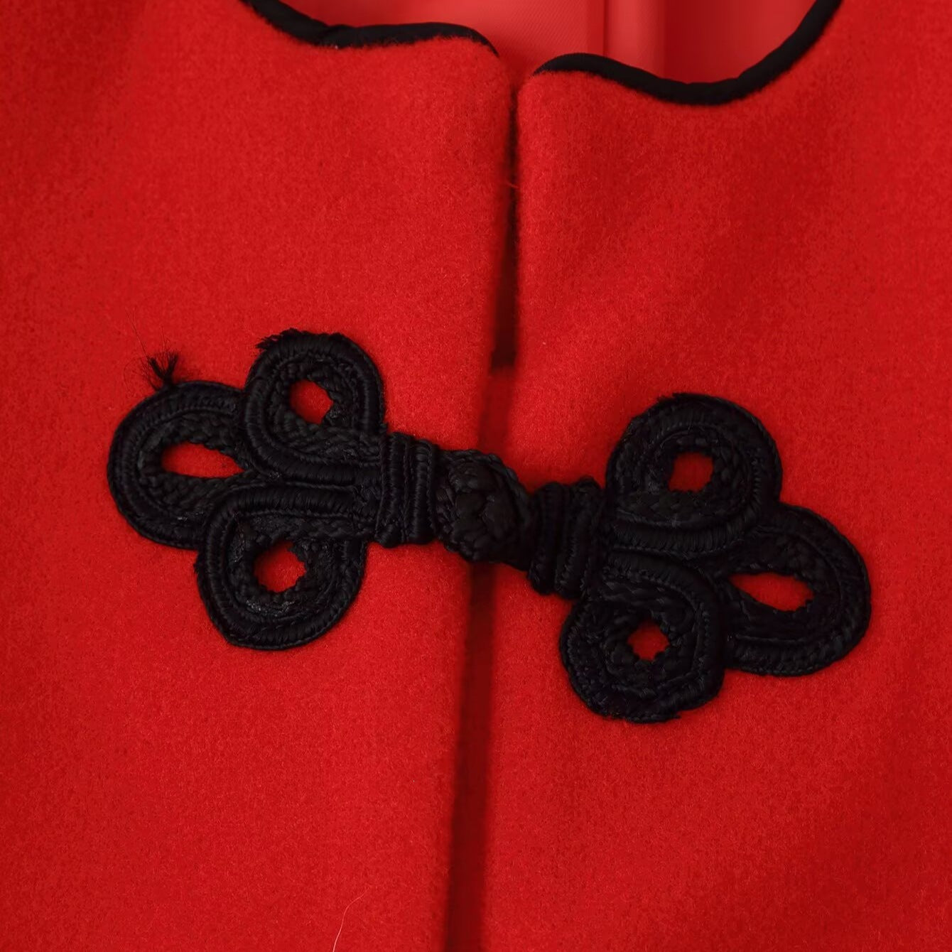 Women's Tailored Short Jacket in Mandarin Style with Keyhole Neckline and Decorative Knot Closures Chichicherry