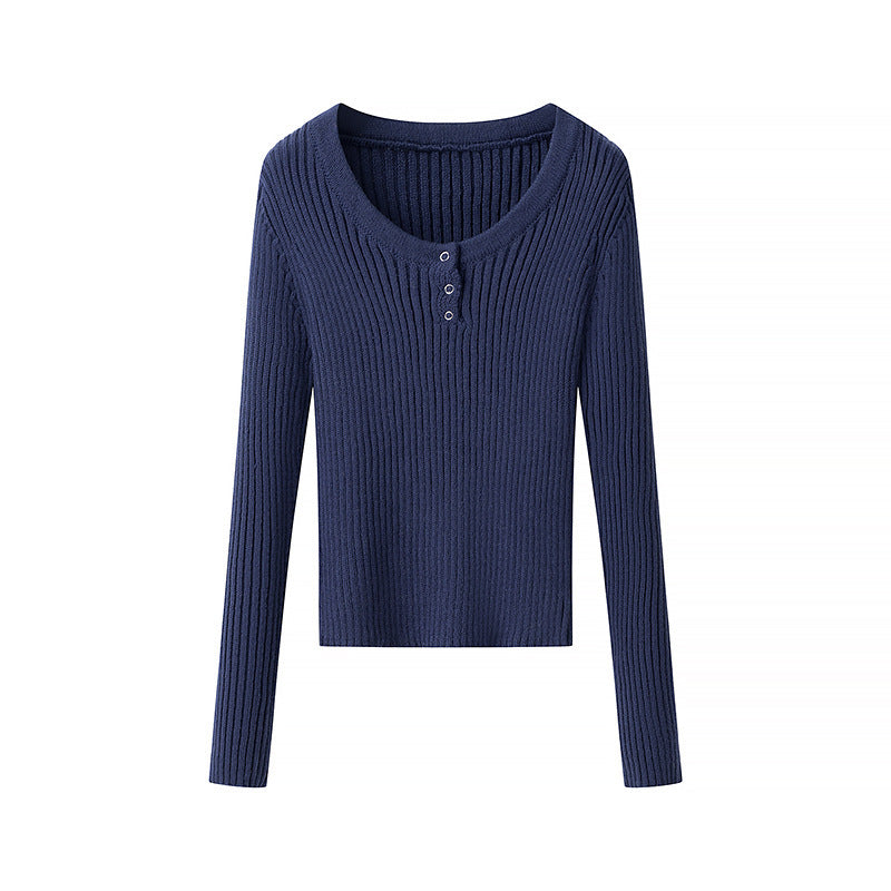 Women's Ribbed Long Sleeve Top with Deep V-Neck and Eyelet Trim Chichicherry