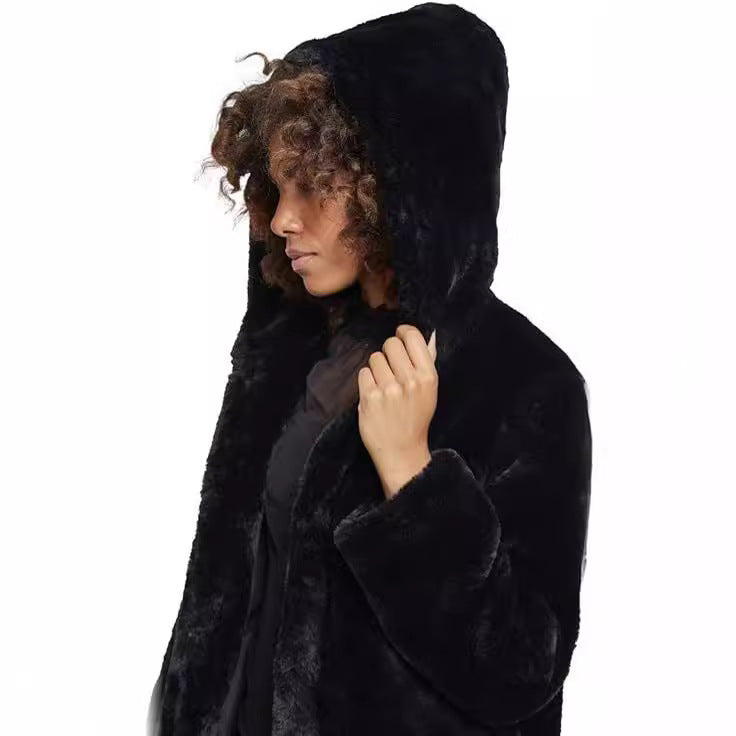 Women's Midi-Length Hooded Faux Fur Coat with Open Front and Lined Insert Pockets Chichicherry