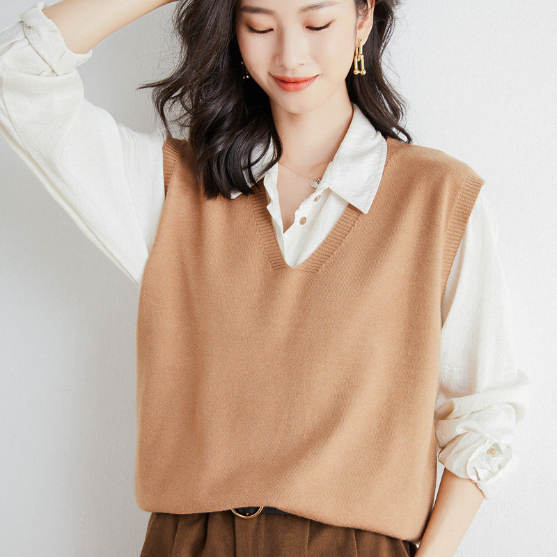 Women Oversize V-Neck Fine Knit Vest with Ribbed Hem Chichicherry