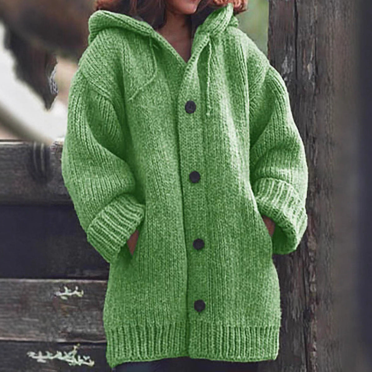 Women Long Slouchy Chunky Knit Coat Cardigan with Hood, Dropped Shoulder and Large Buttons Chichicherry