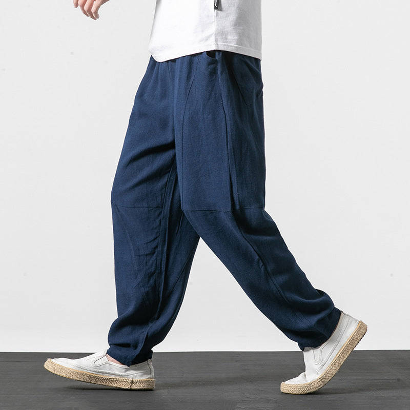 Men's Soft Linen Blend Lounge Pants with Dropped Crotch, Elastic Waistband, and Tapered Leg Chichicherry