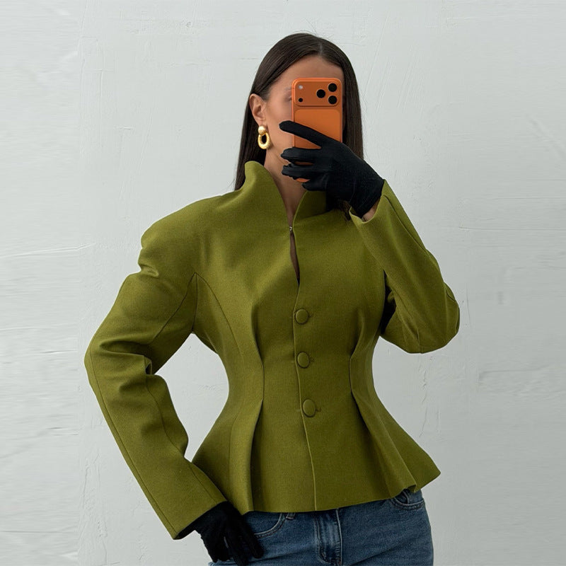 Women's Tailored Collarless Blazer Jacket with Concealed Button Placket and Figure-Hugging Darts Chichicherry