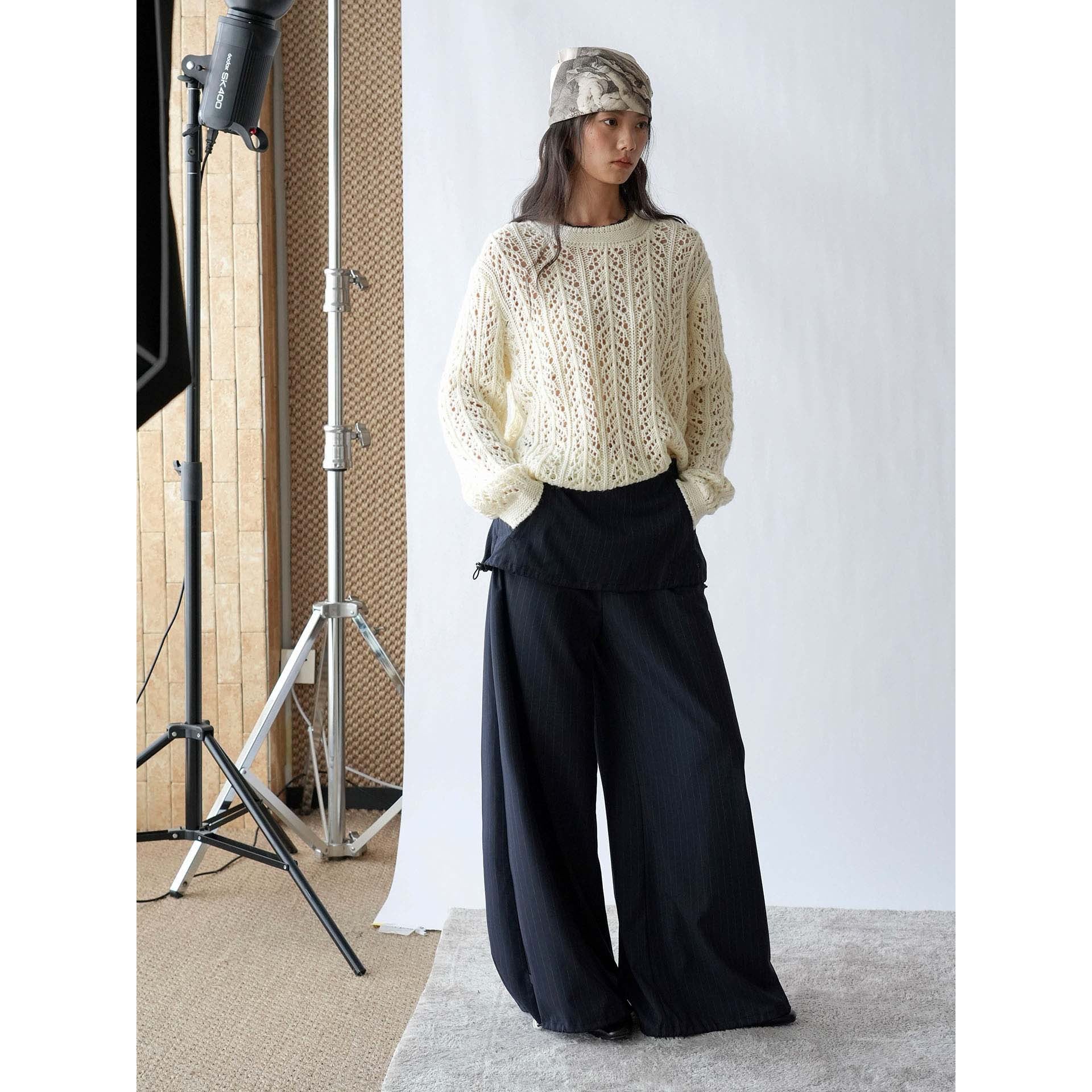 Women Wide Pinstripe Pants with Overlay and Drawstring Chichicherry