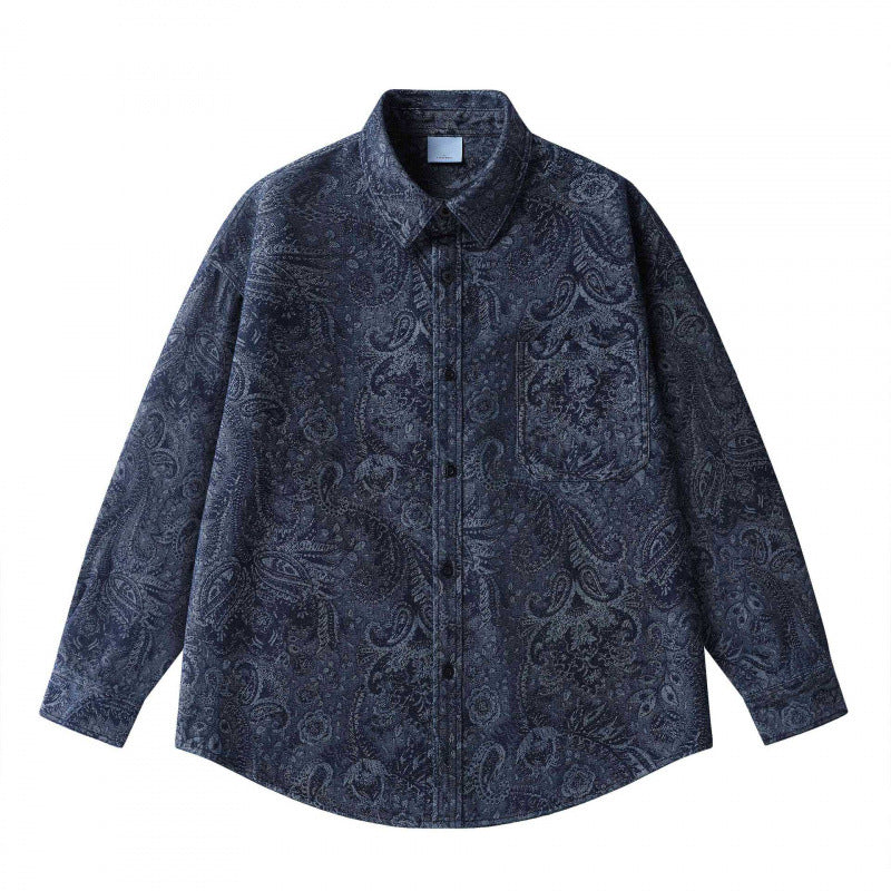 Unisex Oversized Shirt Jacket with Paisley Jacquard, Full Button Placket and Chest Pocket Chichicherry