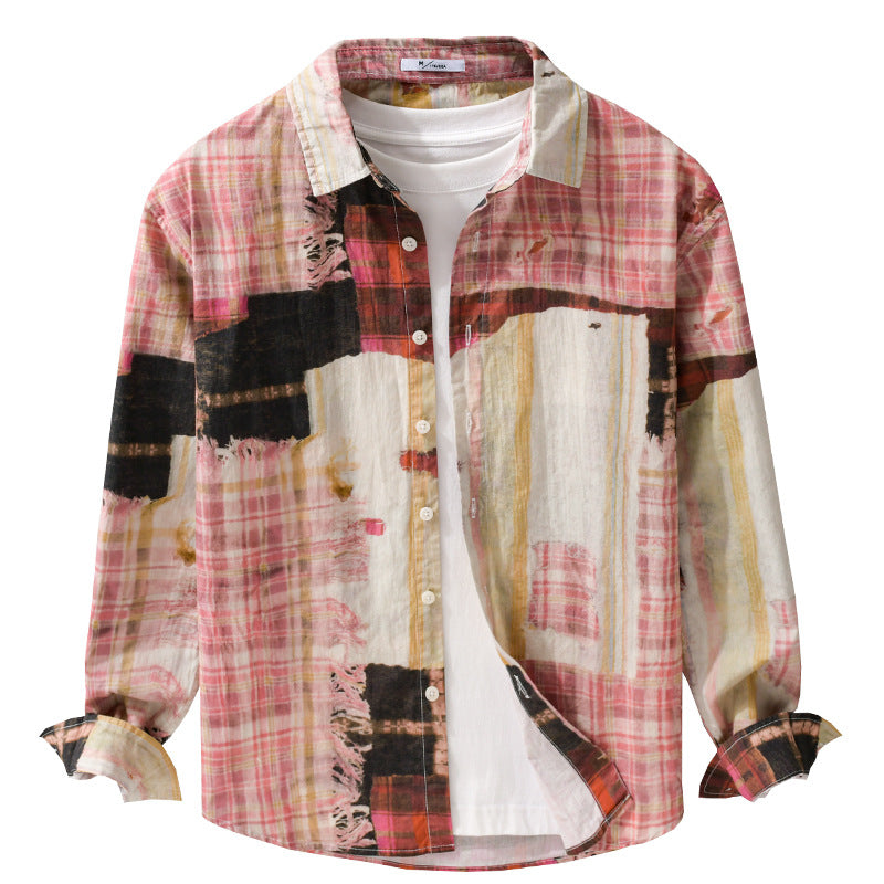 Men's Relaxed Patchwork-Check Shirt Jacket with Frayed Edges and Crinkle Finish Chichicherry